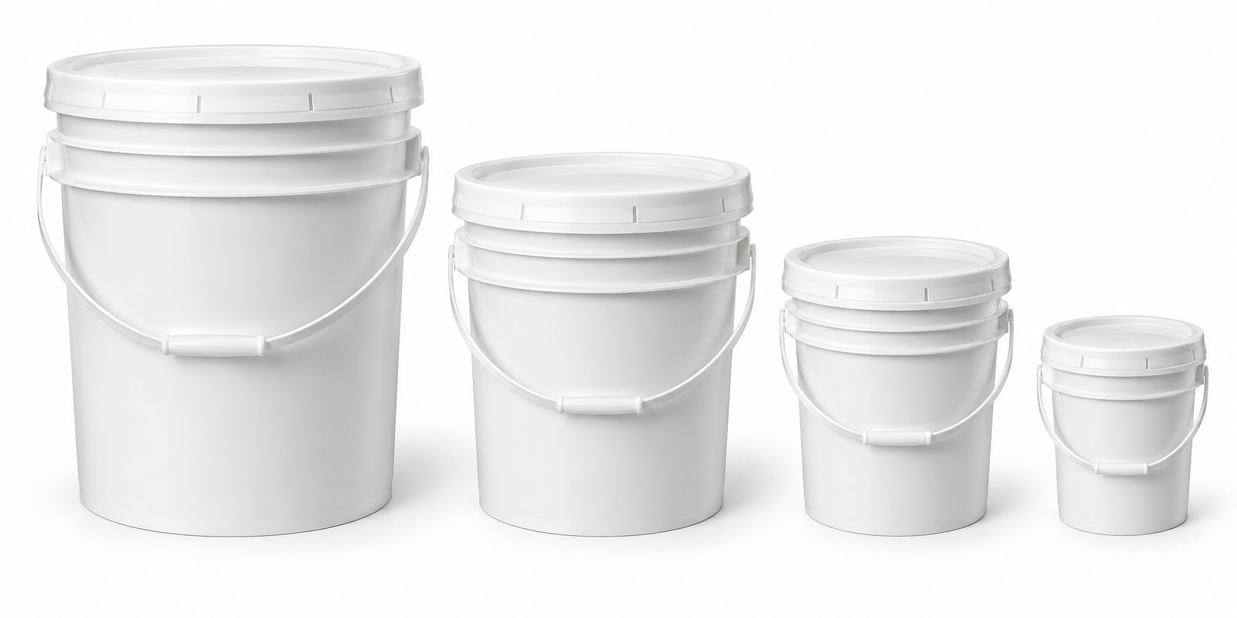 Natural white HDPE pails in 5-gallon, 2.5-gallon, 1-gallon and 1-liter sizes
