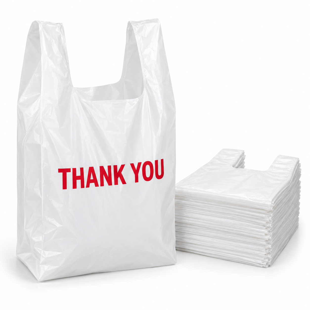 White Thank You T-shirt plastic shopping bag with a stacked bundle